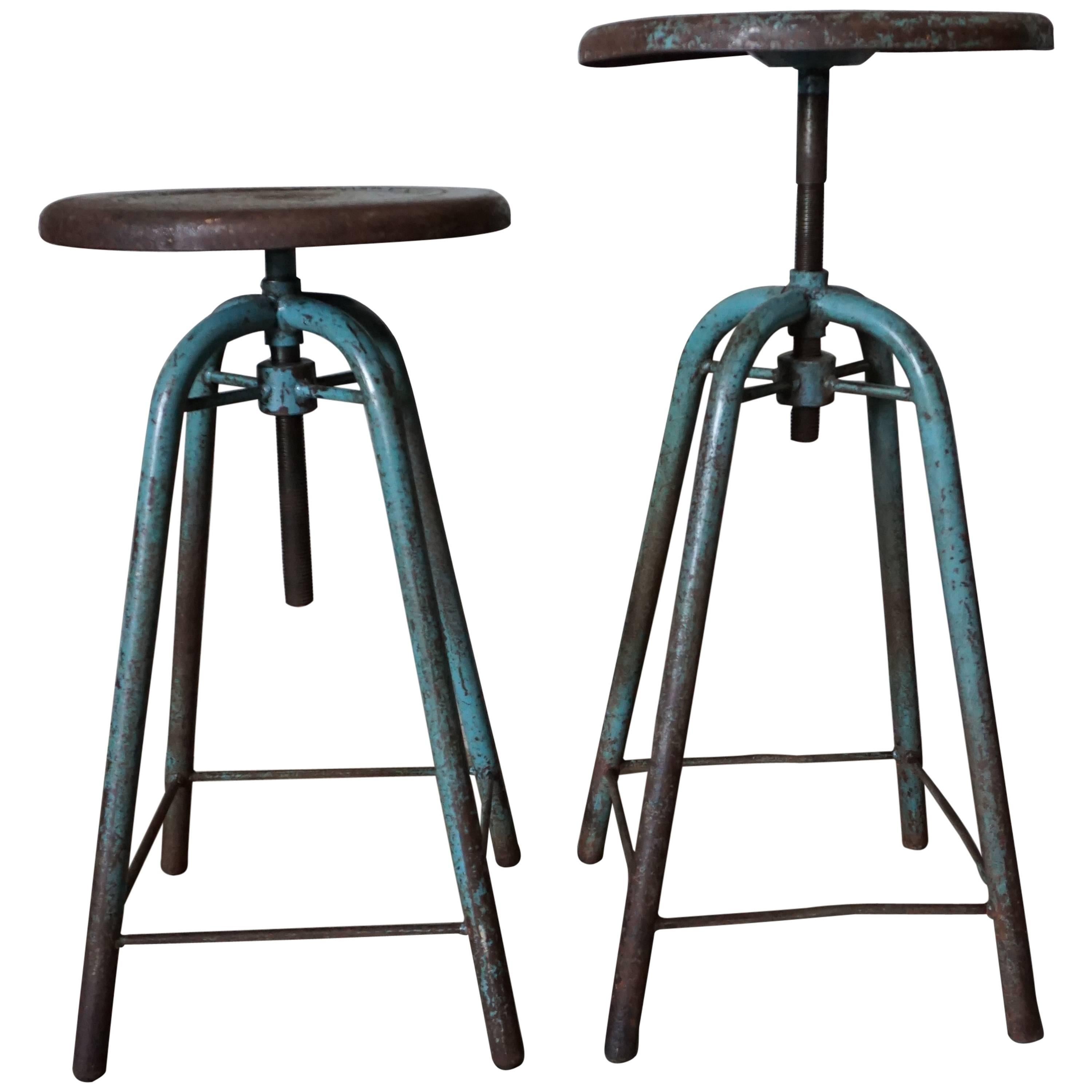 Pair of French Vintage Industrial Adjustable Stools