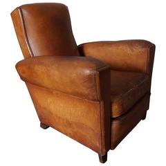 Antique Distressed Art Deco French Cognac Leather Club Chair, 1940s