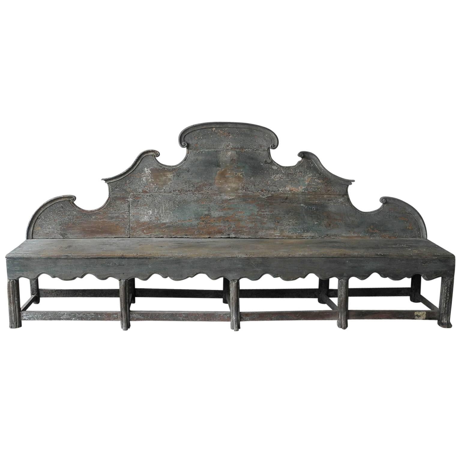 Antique 18th Century Long Carved Italian Wooden Bench with Blue Patina