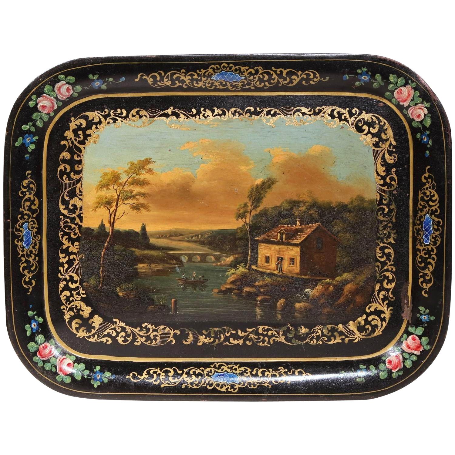 19th Century, French, Napoleon III Hand Painted Tole Tray with Pastoral Scene
