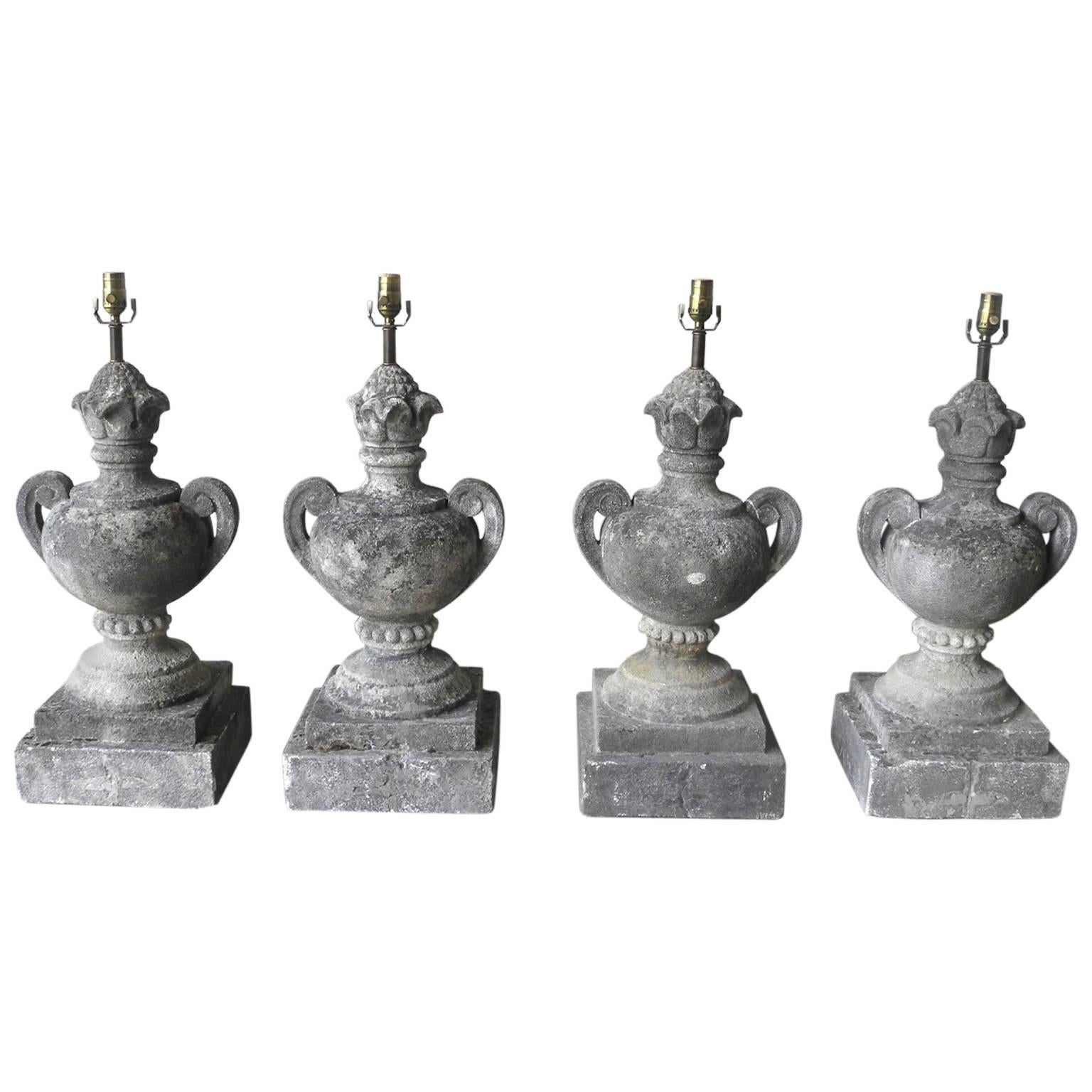 Set of Four Antique French Carved Limestone Elements Turned into Lamps