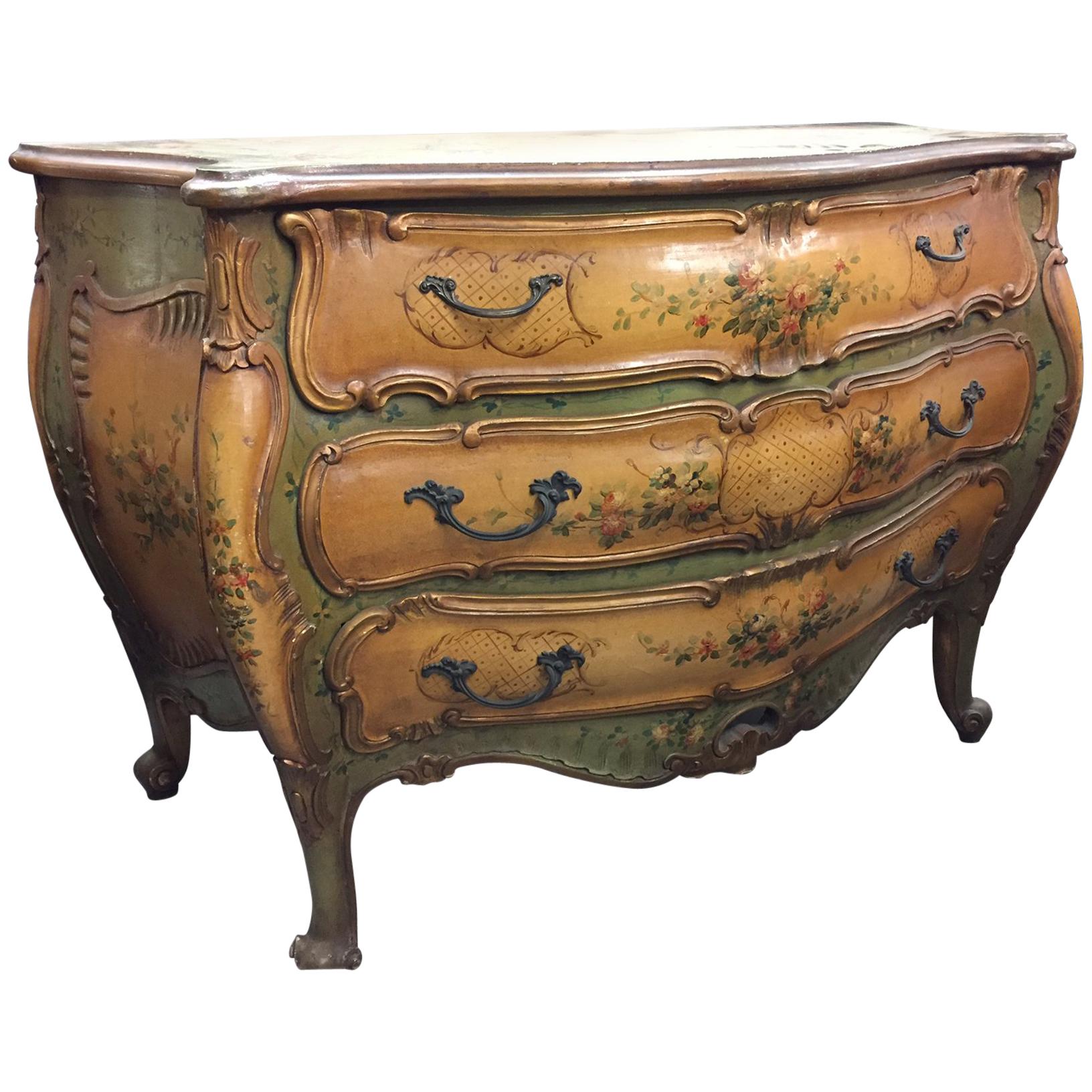 Venetian Painted Rococo Style Bombe Commode