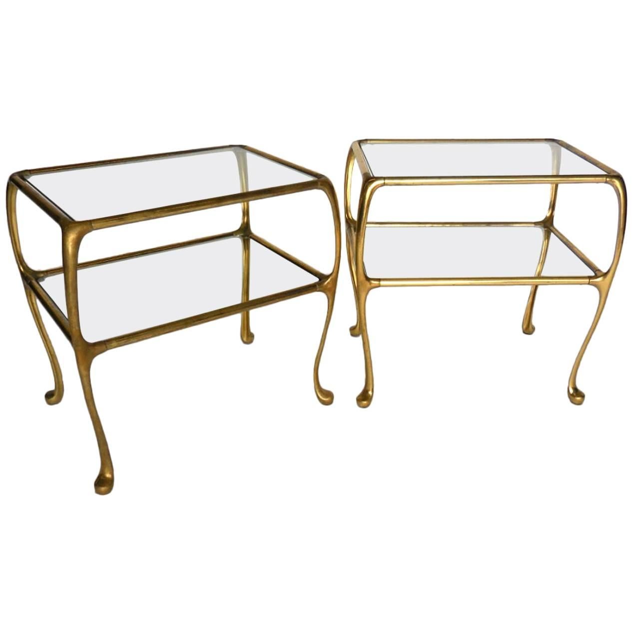 Pair of Argentinian Side Tables in Brass with Glass Top and Shelf