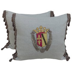 Pair of Family Crest Appliquéd Linen Pillows