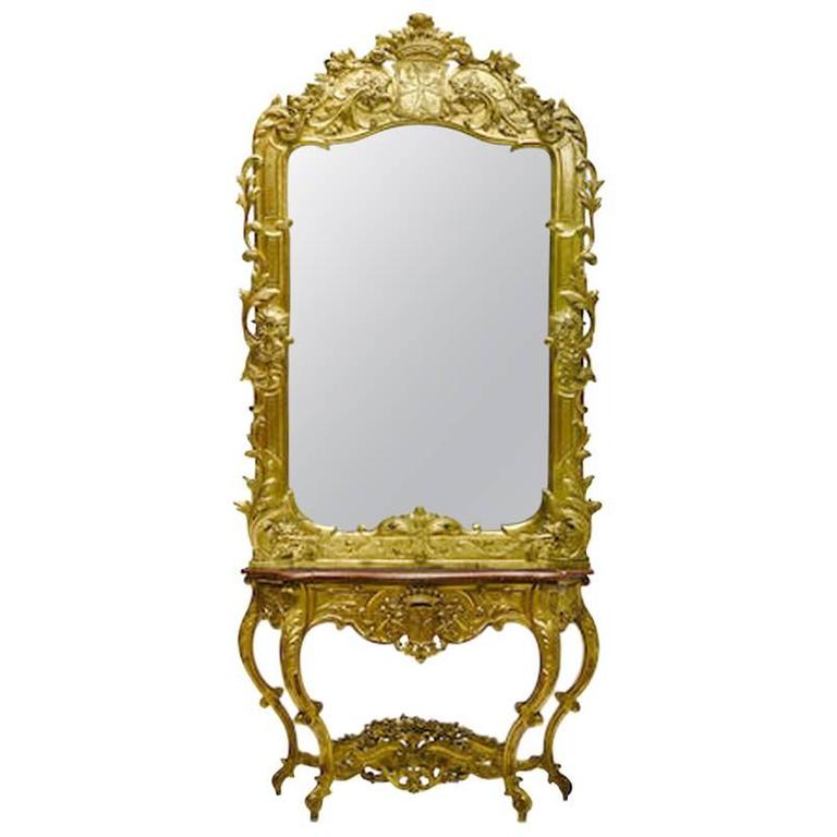 Italian Rococo Style Giltwood Console And Mirror With Crown 19th Italian Rococo Style Giltwood Console And Mirror With Crown 19th Century For