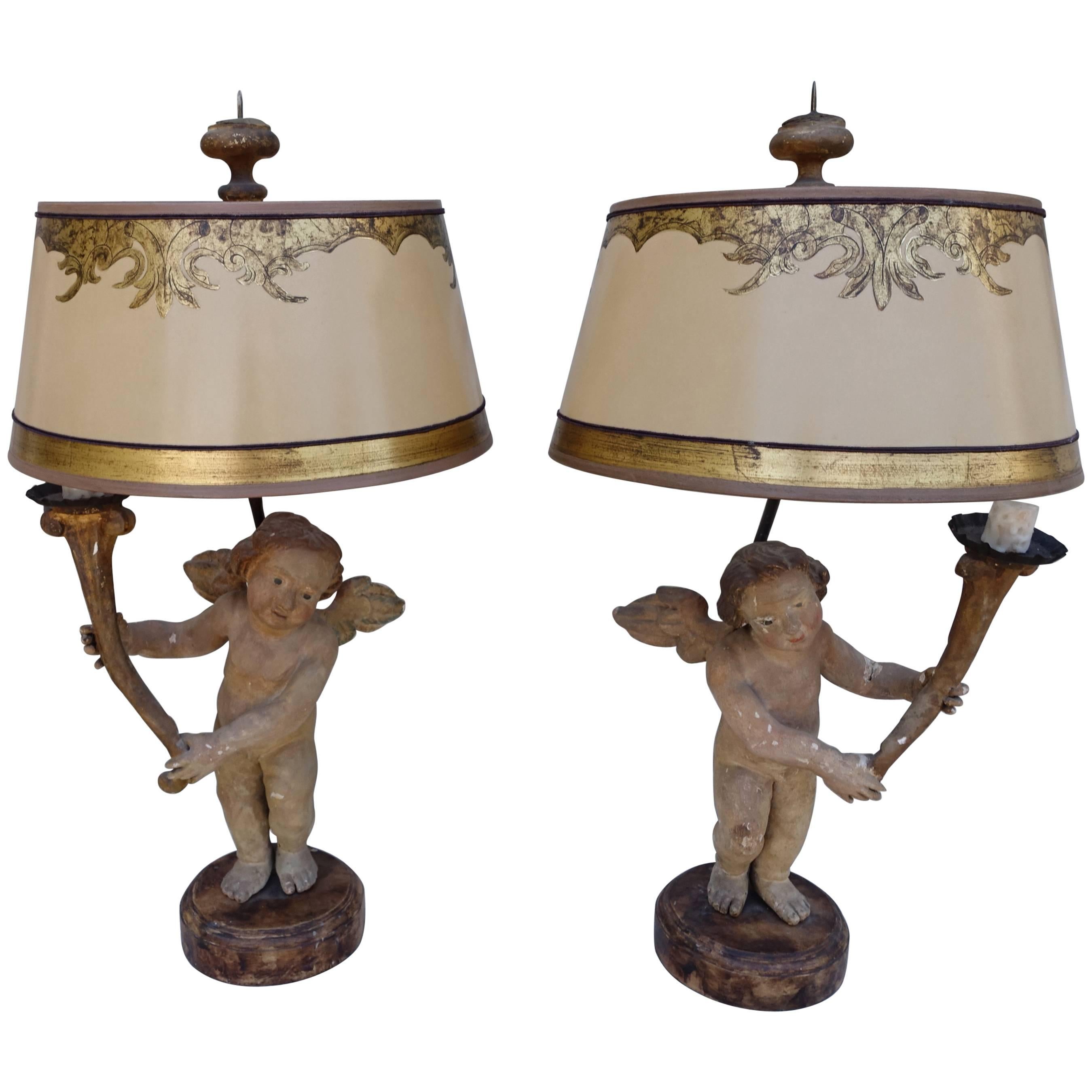 Pair of 19th Century Italian Cherub Lamps with Custom Shades