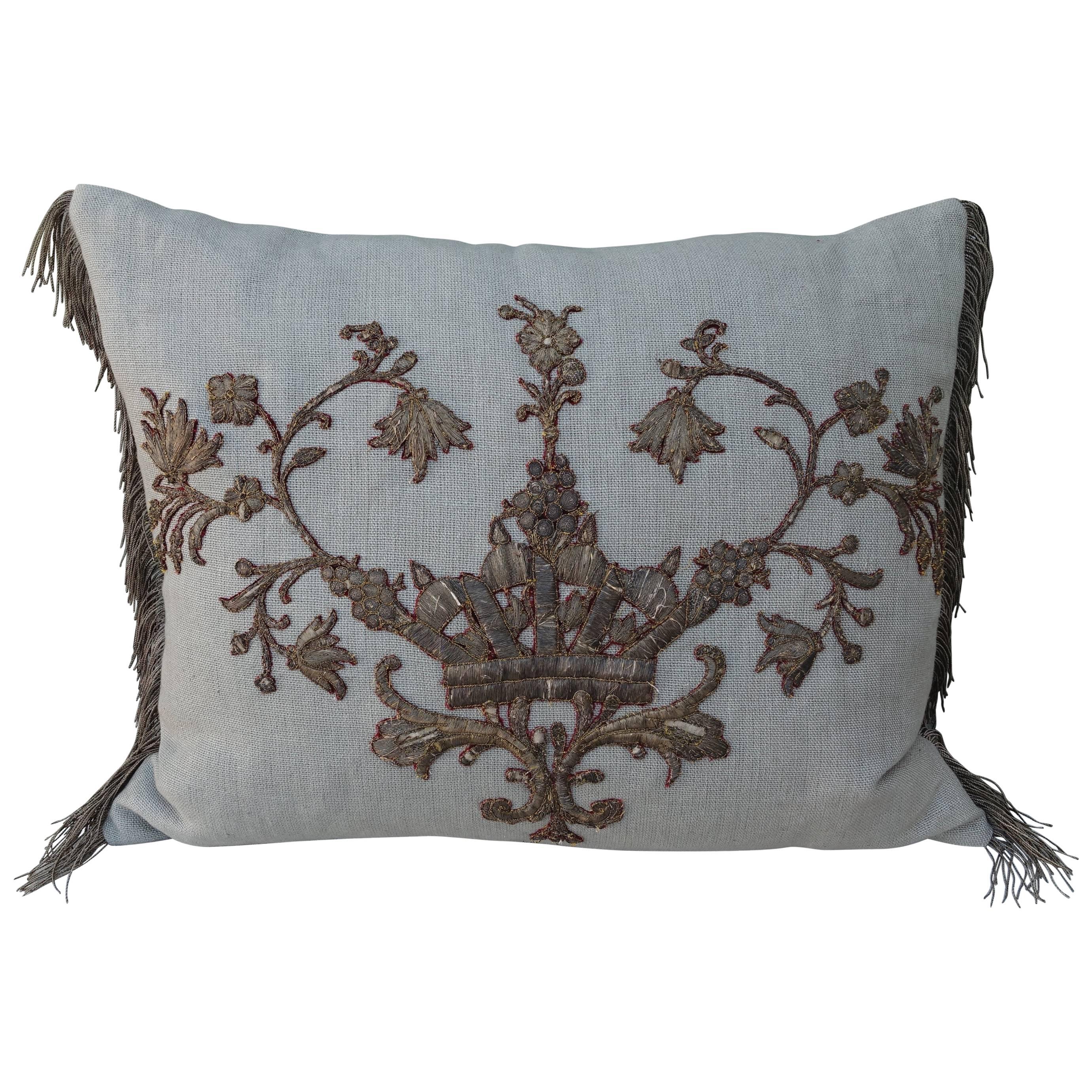 18th Century Italian Applique on Linen Pillow with Metallic Fringe