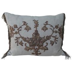 18th Century Italian Applique on Linen Pillow with Metallic Fringe 2