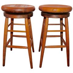 Antique Pair of Plank Top Swivel Industrial Bar Stools