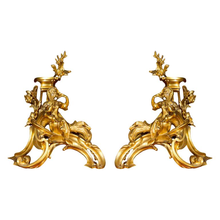 Pair of Ormolu Bronze Louis XV Chenets For Sale