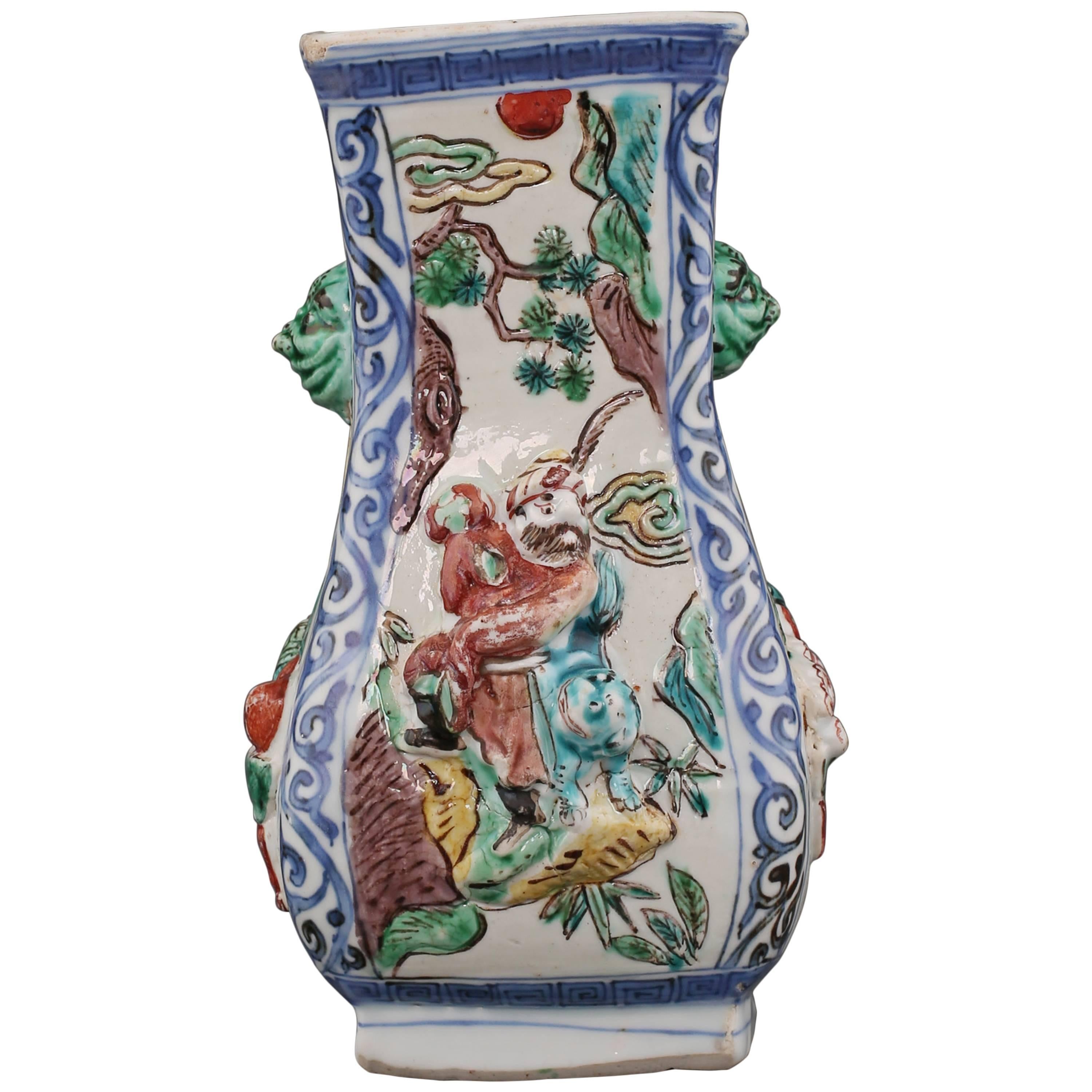 Chinese Porcelain Wucai Pear Shaped Rectangular Vase, 17th Century For Sale