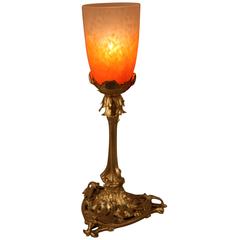 French Art Nouveau Bronze and Art Glass Table Lamp