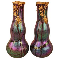 Antique Pair of French Iridescent Glass Vases with Bronze Trim