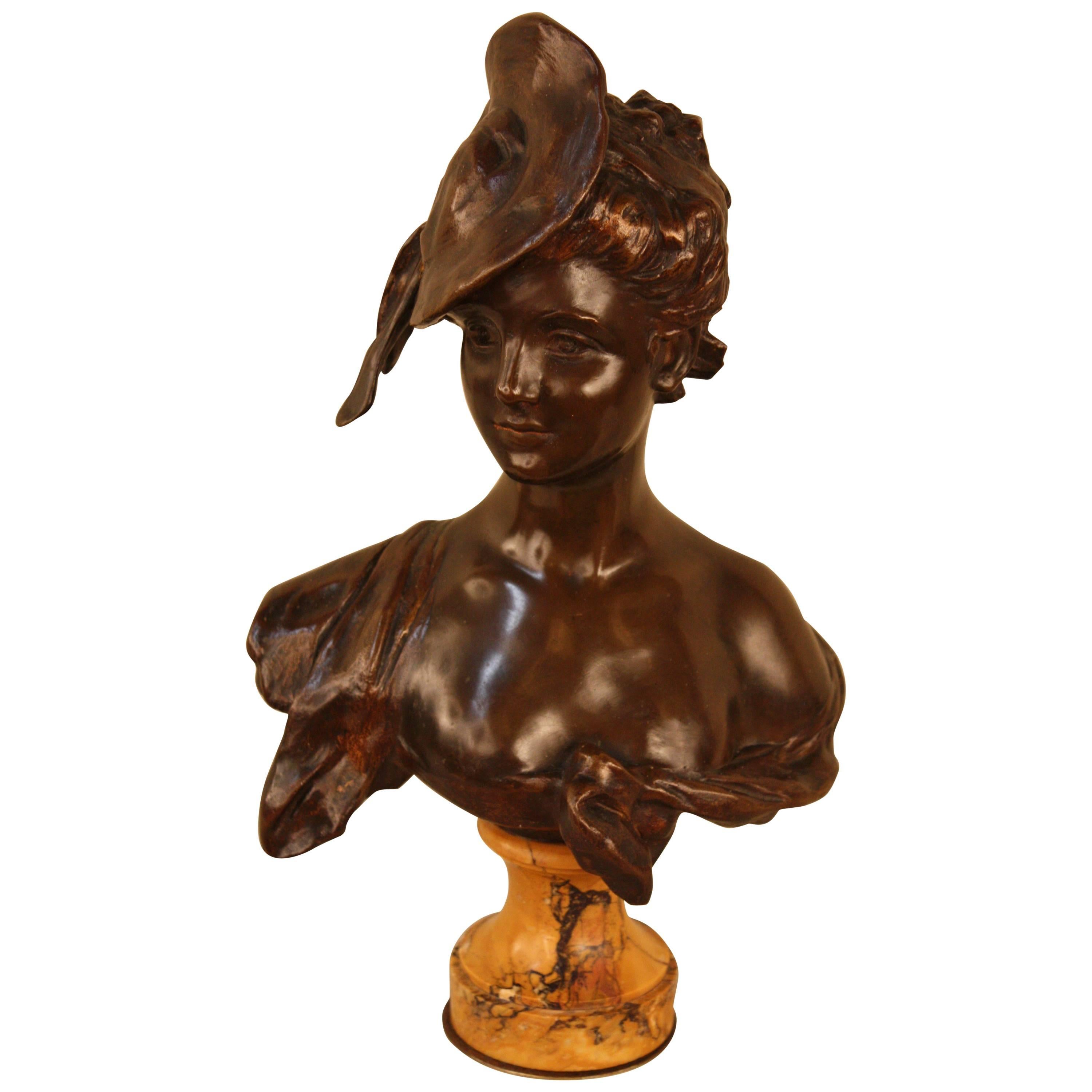 French Art Nouveau Bronze Bust of Young Woman by Georges Van der Straeten