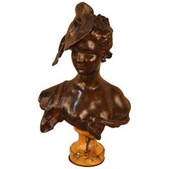 Antique French Art Nouveau Bronze Bust of Young Woman by Georges Van der Straeten