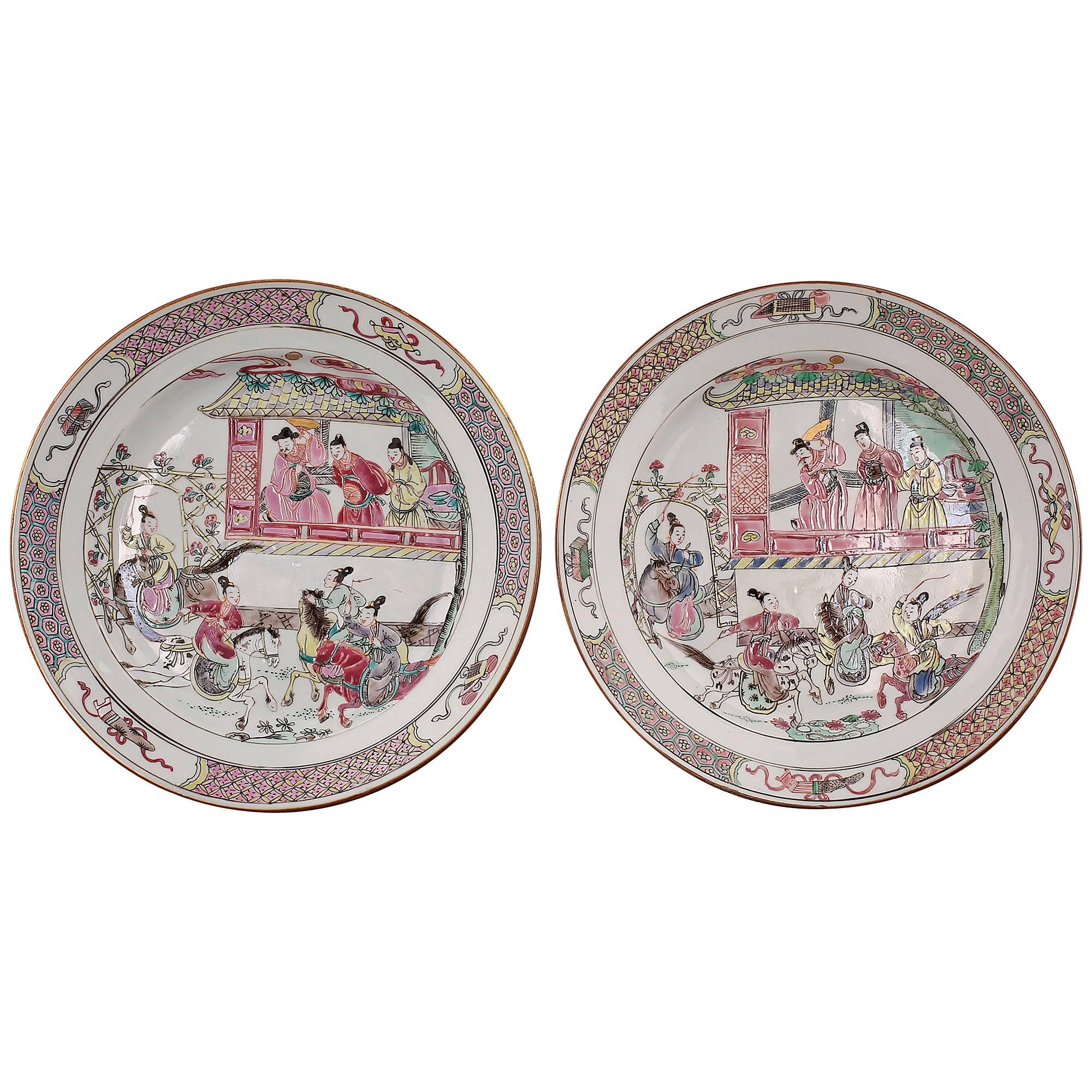 Pair of Chinese Porcelain Famille Rose Plates, 18th Century For Sale