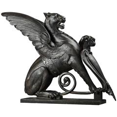 Antique Continental Cast and Wrought Iron Heraldic Bearer Modelled as a Winged Lion