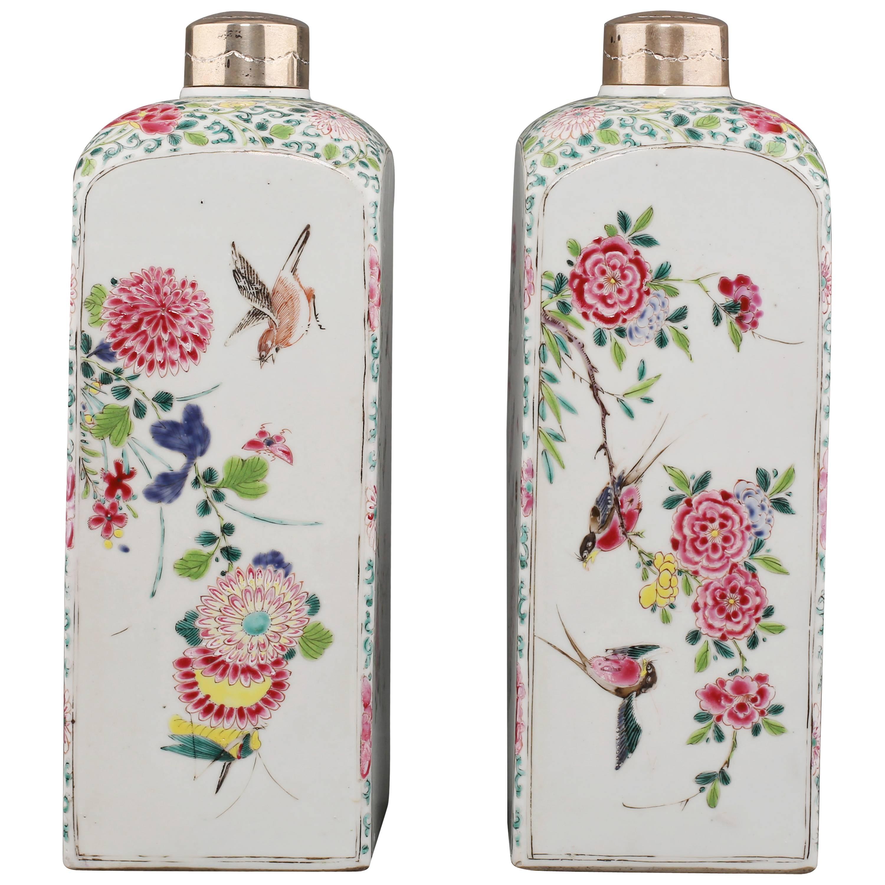 Pair of Famille Rose Square Canisters, 18th Century