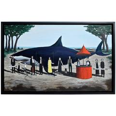 Edward Bridges Oil on Board "Shark with Trees on Beach" 2016