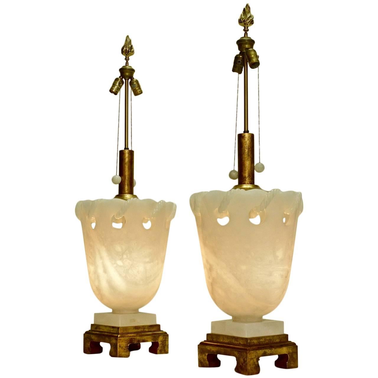 Monumental Pair of Alabaster Marbro Lamps with 24-Karat Gold Leaf