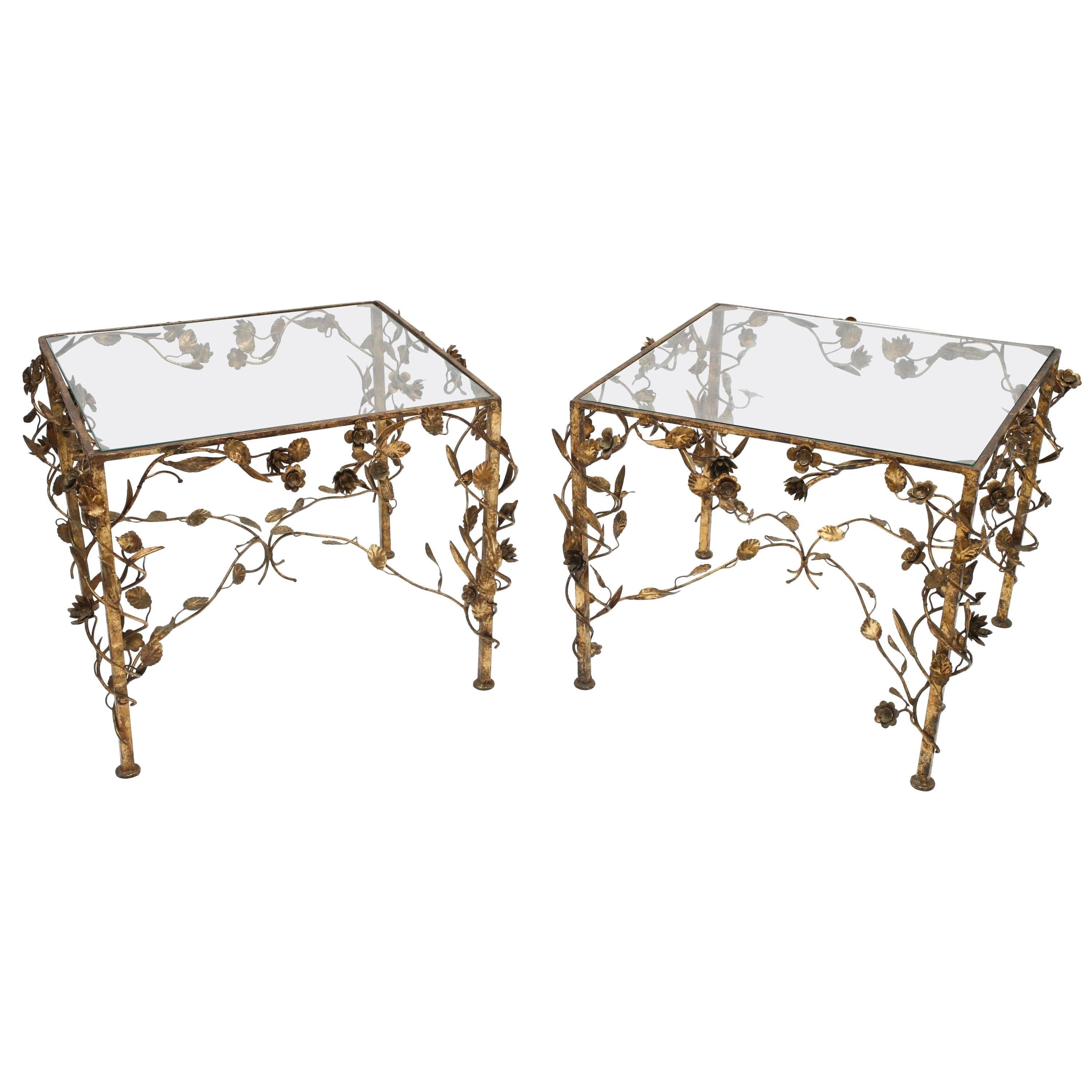 Hollywood Regency Gold and Glass Side Tables, 1950s, USA For Sale