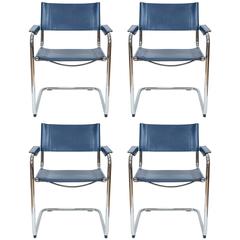 Set of Four Marcel Breuer Style Armchairs in Blue Leather by Fasem of Italy