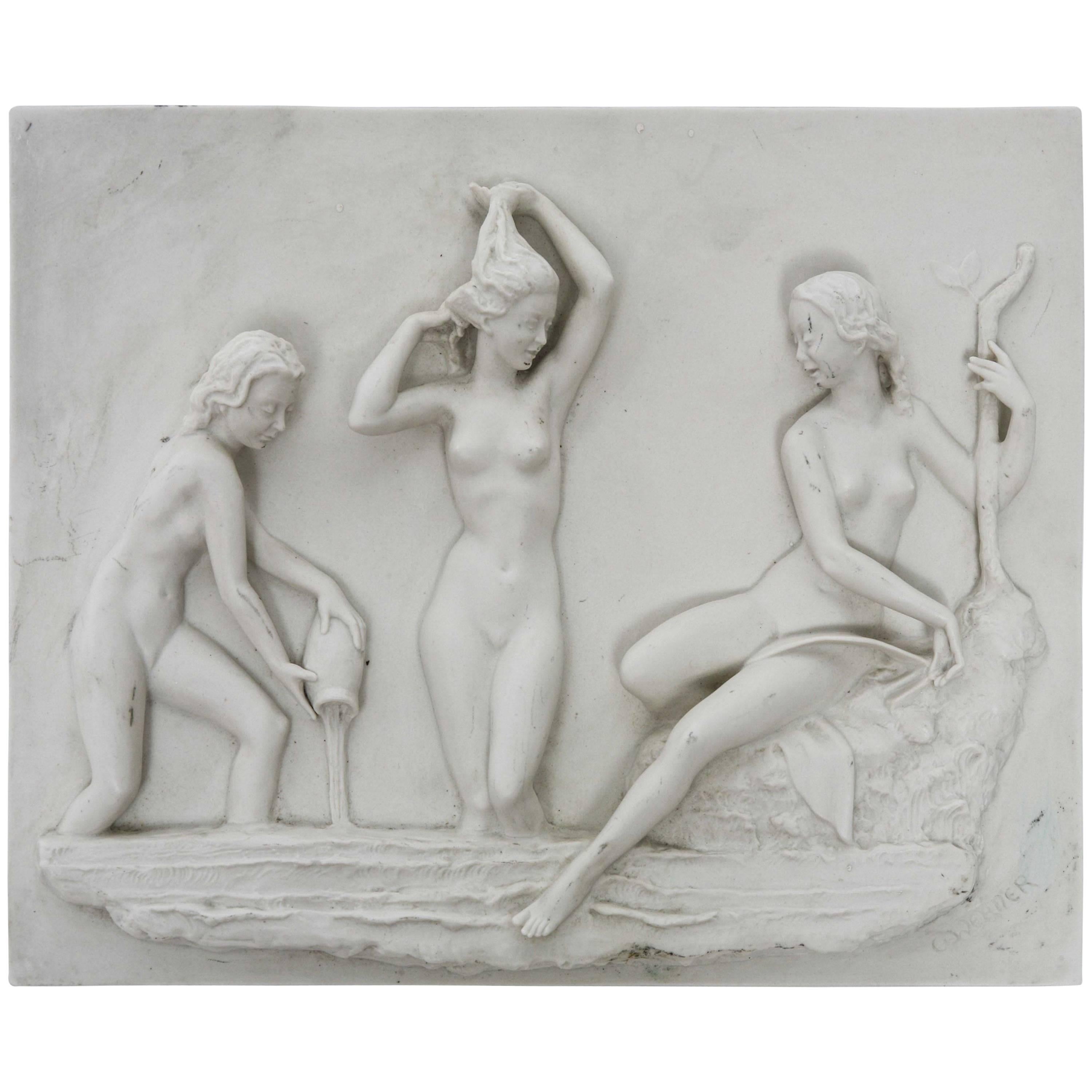 Vintage Art Deco German Carl Werner Bisque Sculptural Female Nudes Plaque