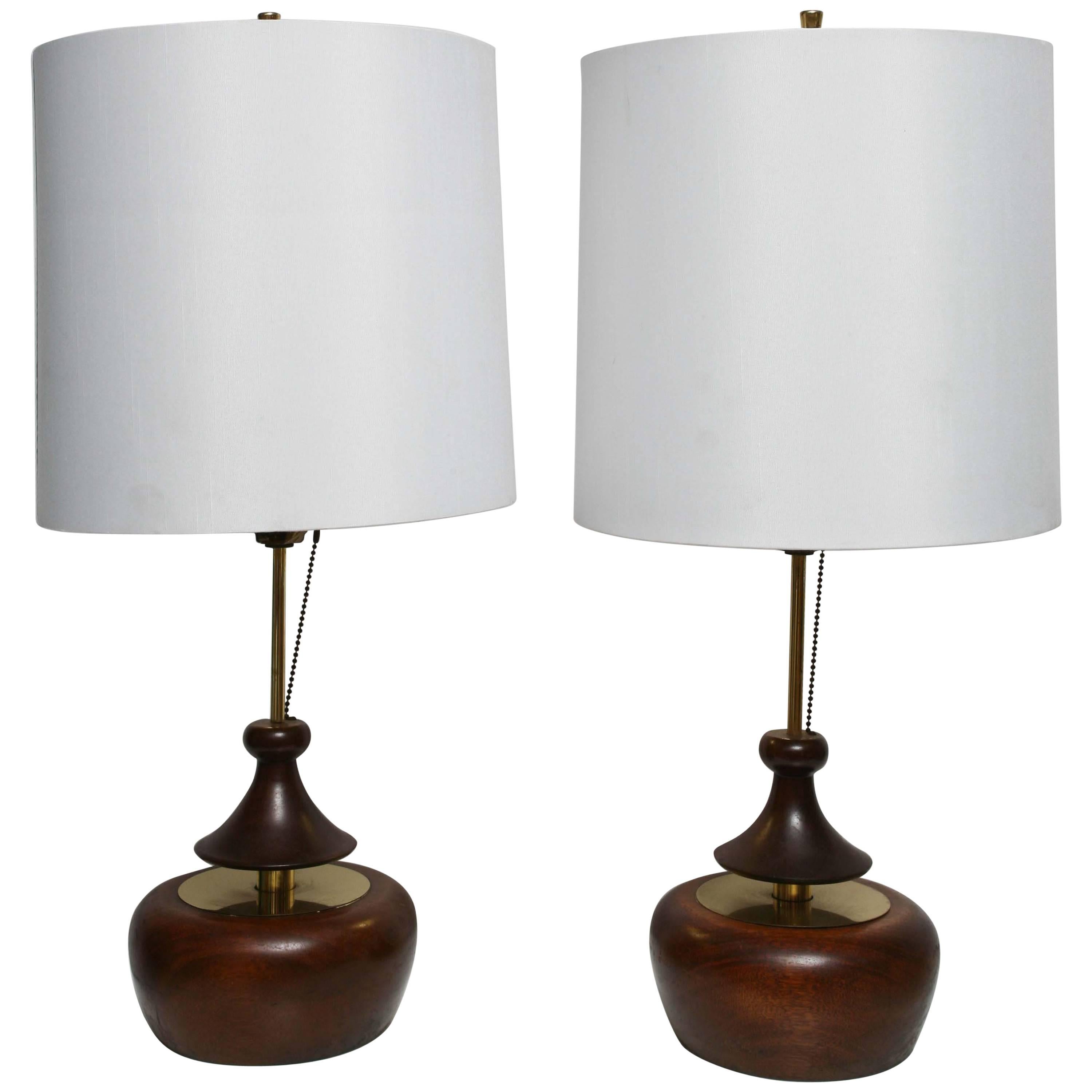 Pair of Mid-Century Danish Modern Myrtle / Brass Teardrop Modeline Table Lamps