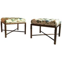 Hollywood Regency Tufted Bamboo Benches