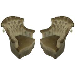 Pair of French 19th Century Napoleon III Olive Green Velvet Armchairs 9
