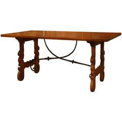 19th Century Spanish Walnut Table with Wrought Iron Stretcher