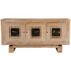 French Deco Cerused Sideboard Buffet Credenza with Painted Motif Brass Detail