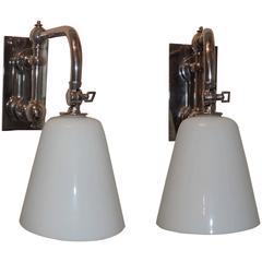 Wonderful Pair of Polished Nickel Chrome Silvered Bronze Milk Glass Wall Sconces
