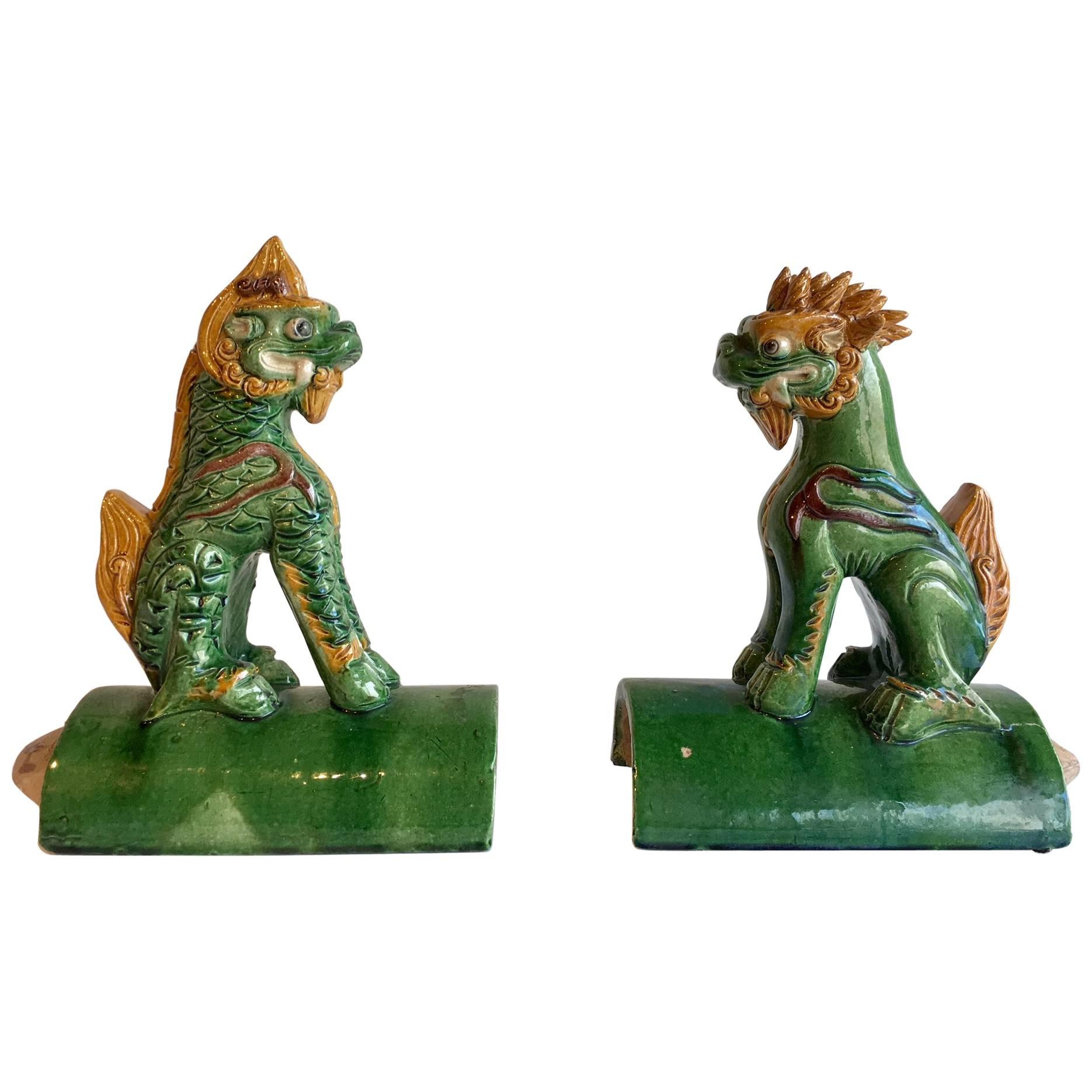 Pair of Antique Chinese Foo Dog Roof Tiles