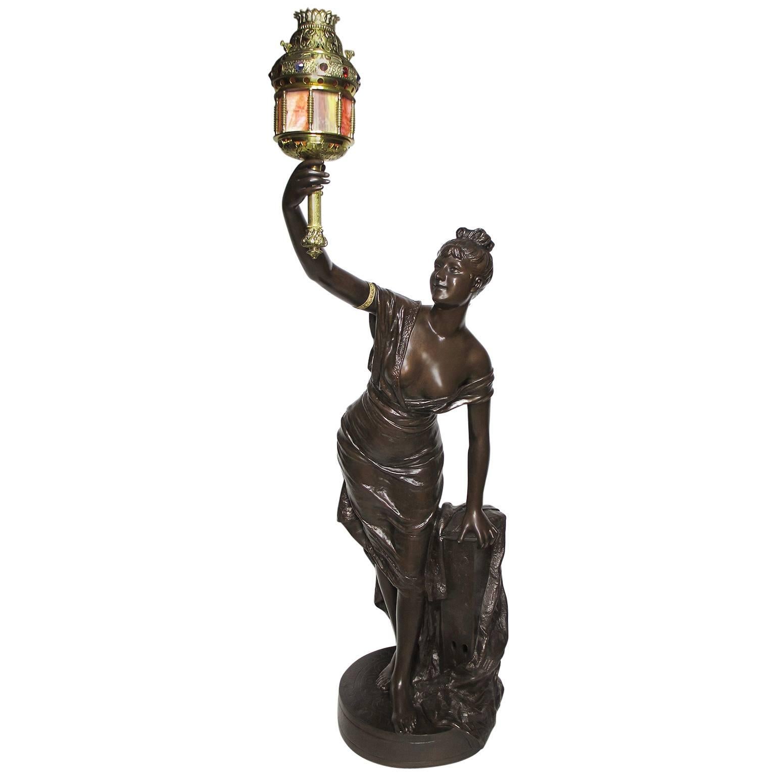 Lifesize French 19th Century Sculpture of a Lady with a Lantern, by Louis Hottot For Sale