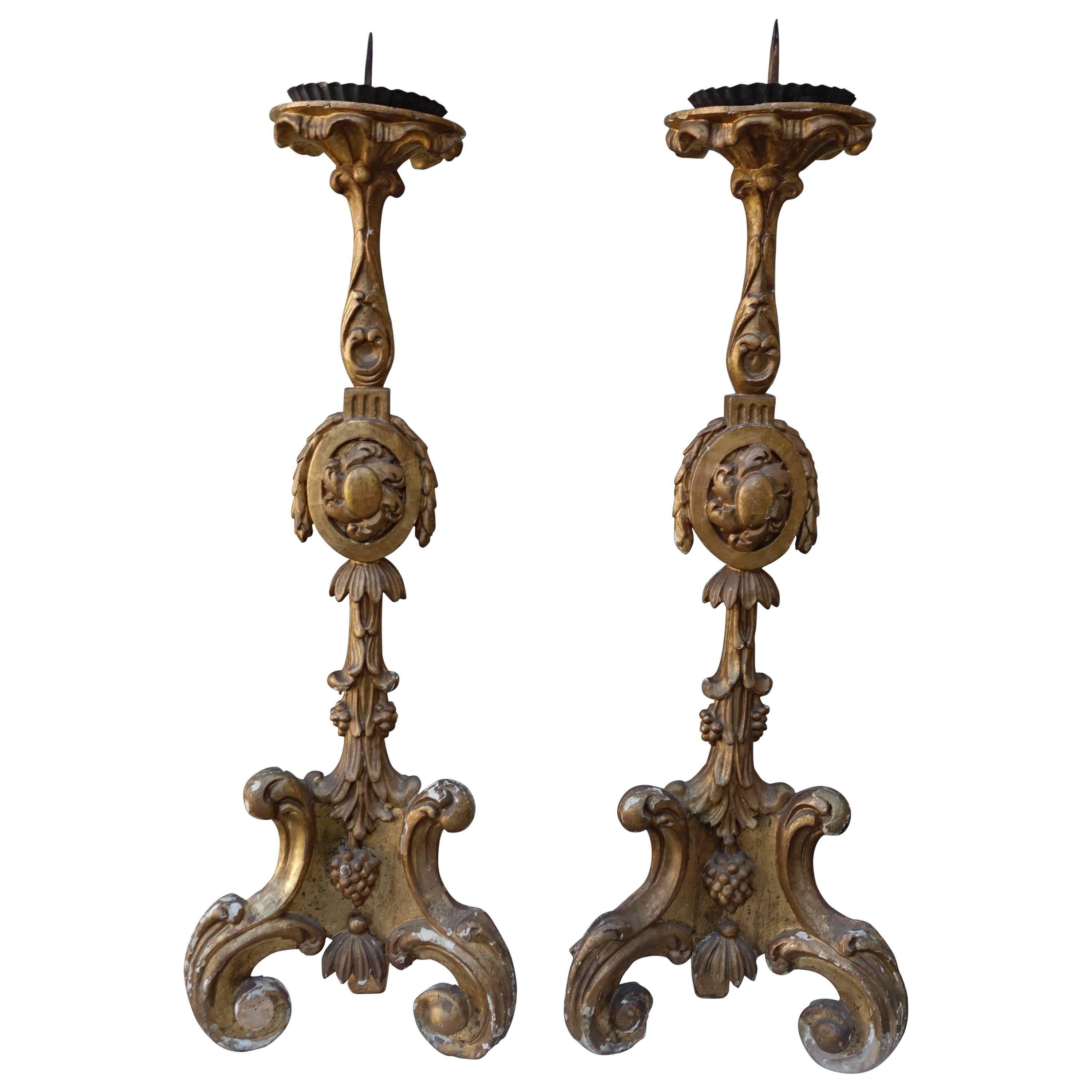 Pair of 19th Century Giltwood Italian Candlesticks