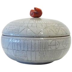 Pale Gray Scribed Lidded Box with Coral Handle by Heather Rosenman