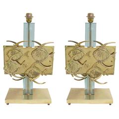 1970s Unique Italian Vintage Pair of Aqua Blue Glass and Bronze Fish Table Lamps
