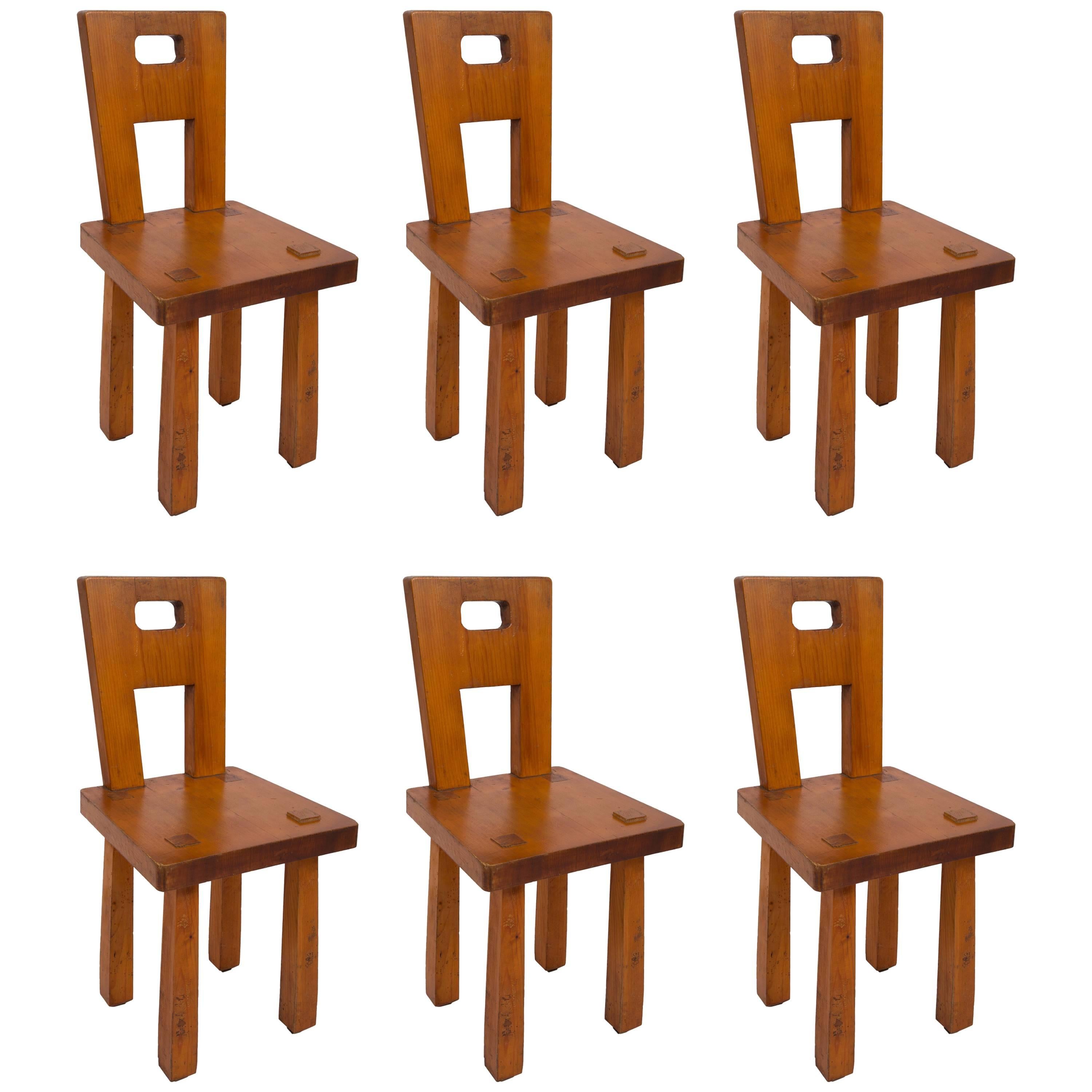 Set of Six Rustic Wooden Dining Chairs