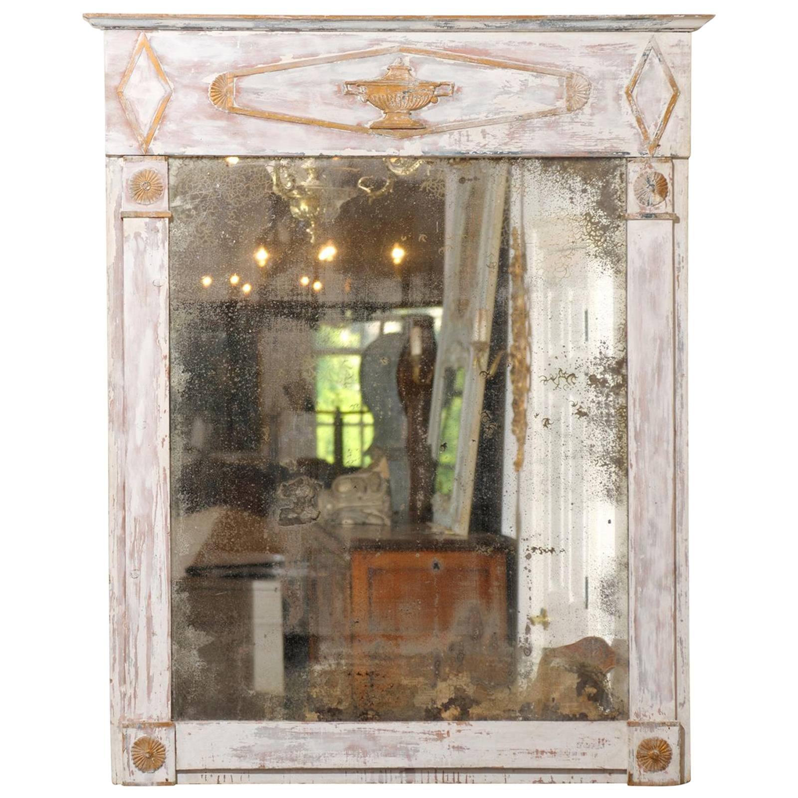 French Period Directoire Trumeau Mirror with Distressed Paint, Late 18th Century For Sale