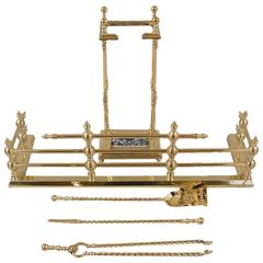 English Brass Fireplace Fender, Tools and Stand