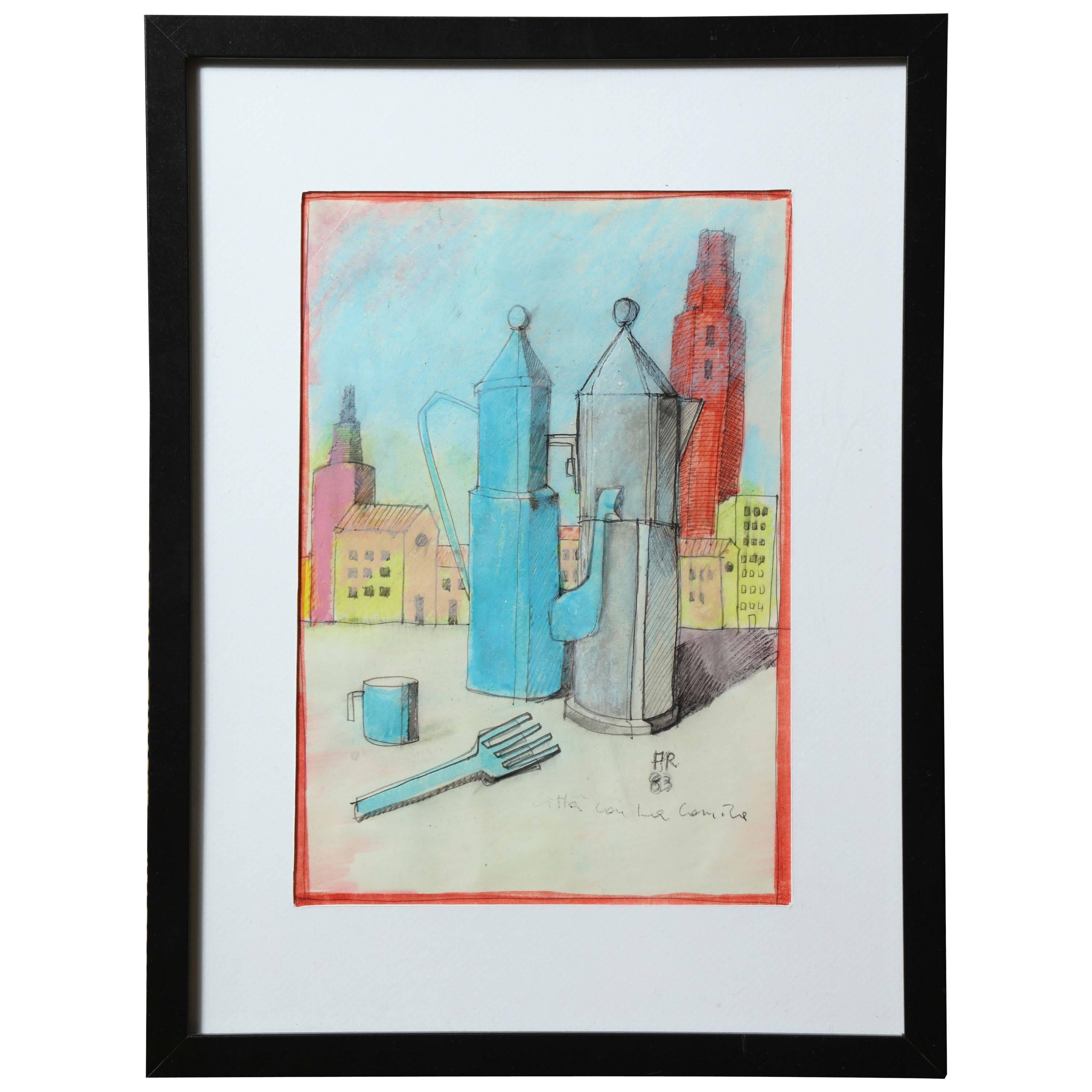 Rare dessin postmoderne d'Aldo Rossi