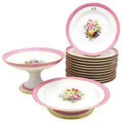 Set of French Pink Floral Dessert Set with 12 Plates and Two Footed Compotes