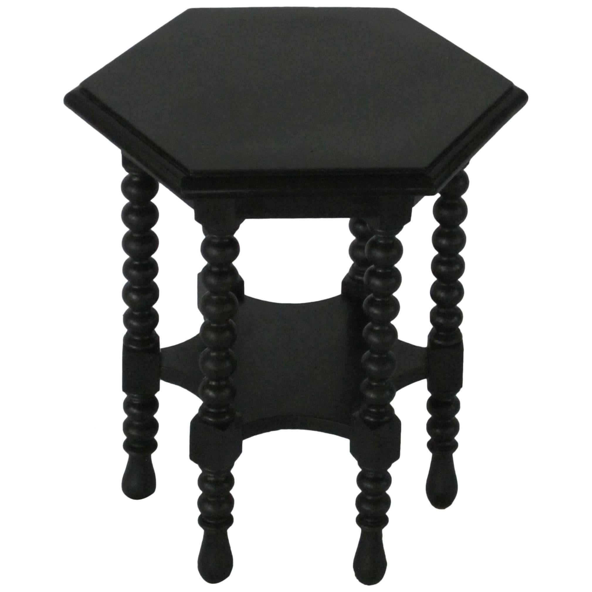 Hexagonal Ebony Spool Leg Side Table, Italy, 19th Century