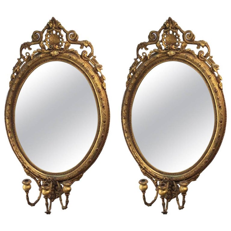 Pair of Louis XV Style Carved and Giltwood Girandole Mirrors For Sale