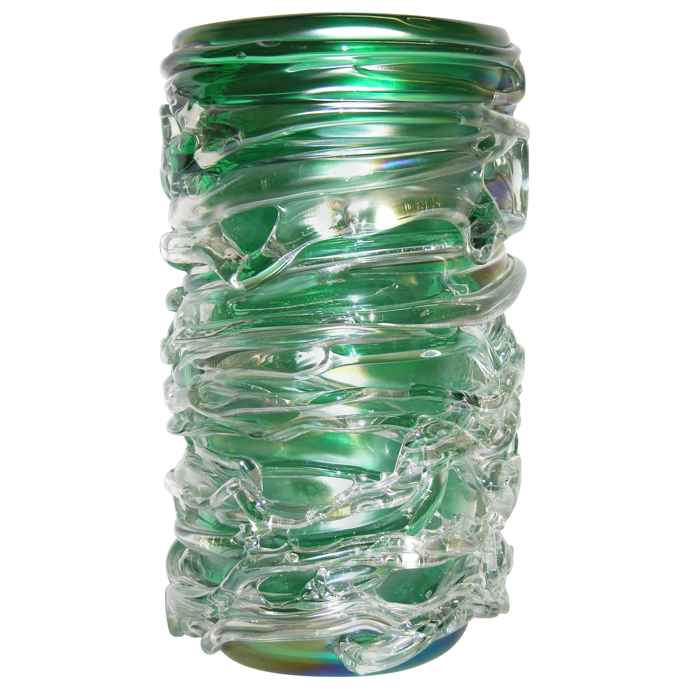 Camozzo Tall Modern Emerald Green Iridescent Murano Glass Vase