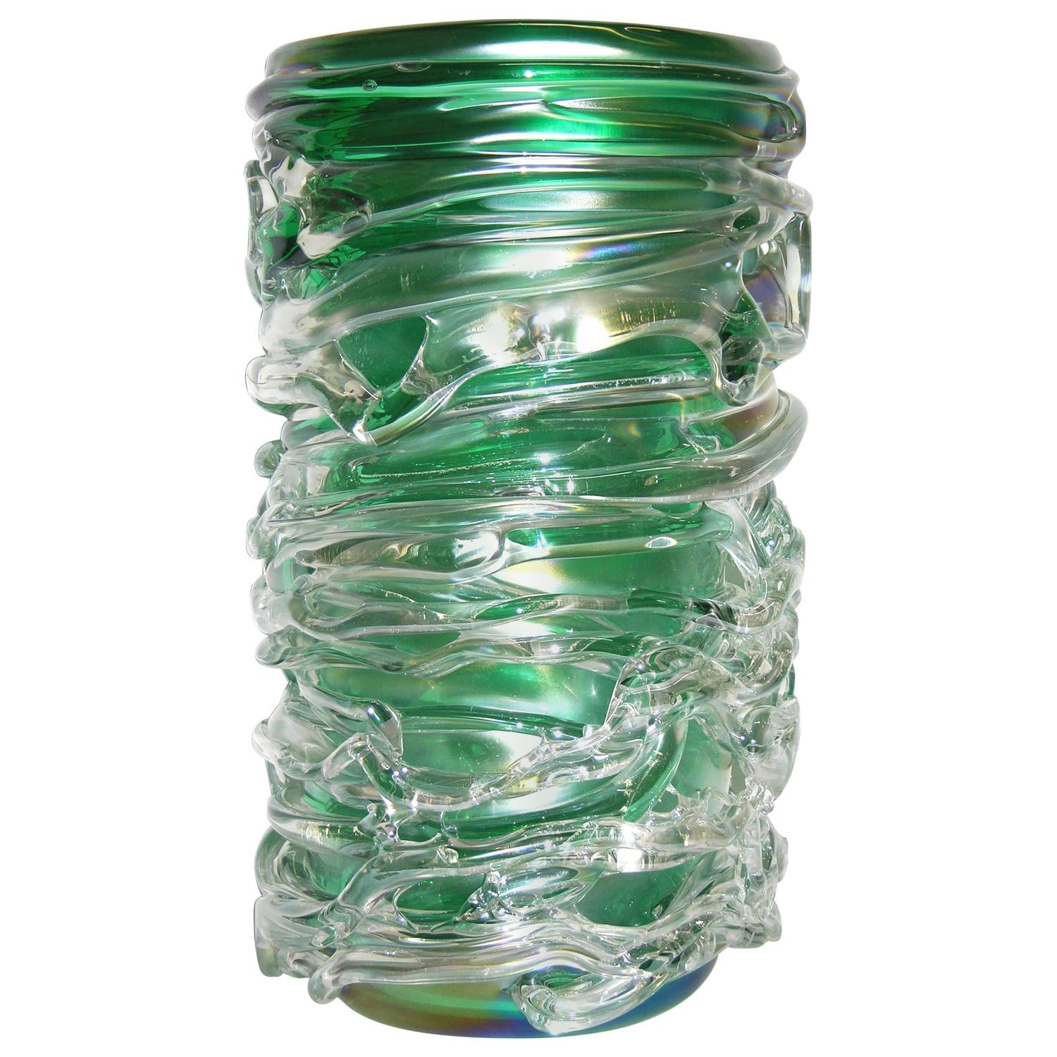 Camozzo Tall Modern Emerald Green Iridescent Murano Glass Vase For Sale at 1stdibs