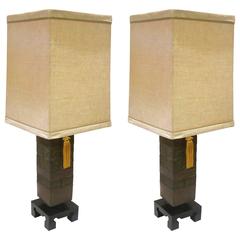 Vintage 1970s Pair of Asian Modern Patinated Brass Tall Table Lamps