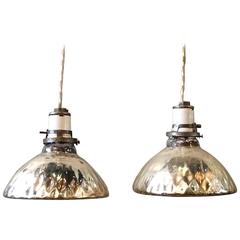 Pair of Petite Silver Quilted Mercury Glass Pendant Lights