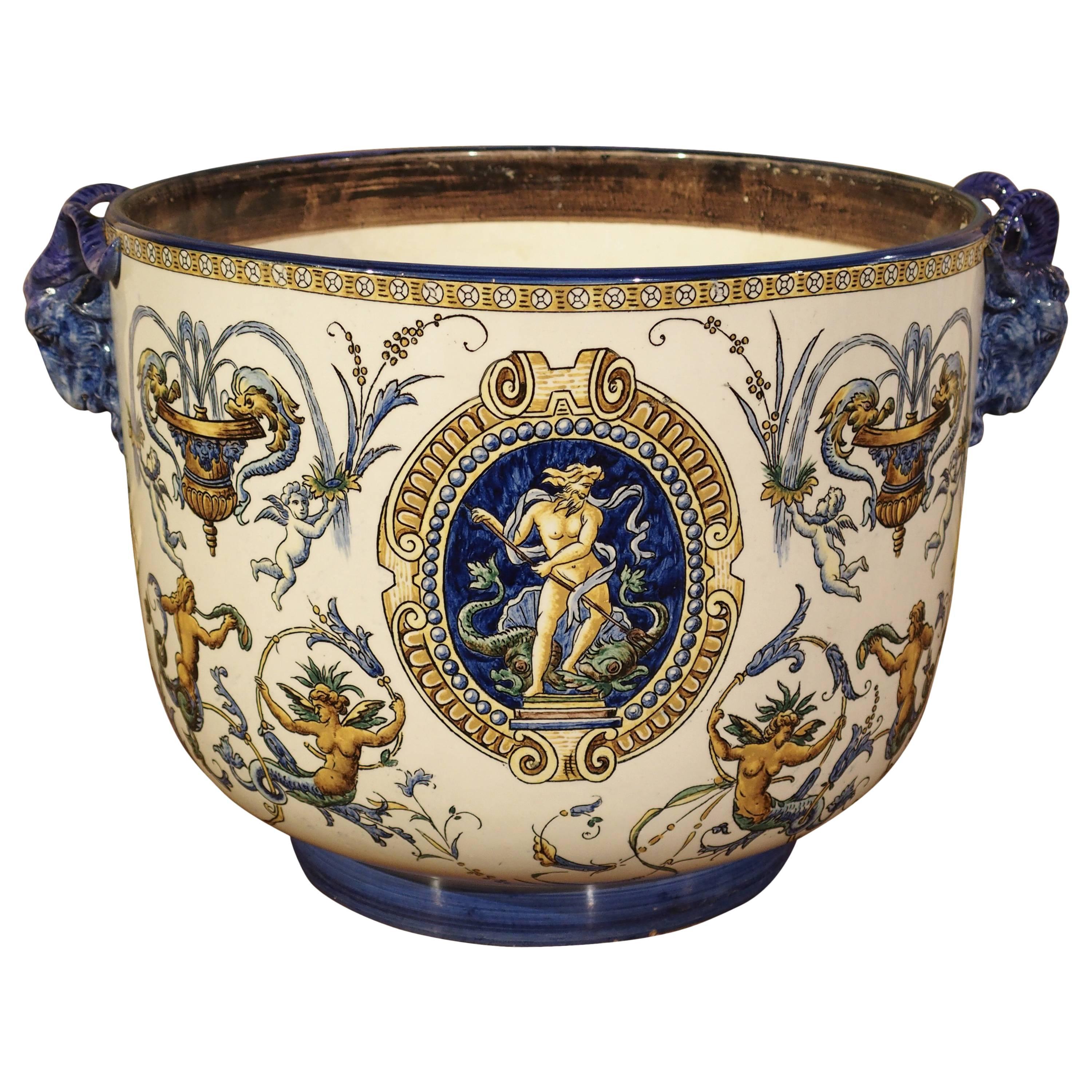Antique French Gien Cachepot in the Renaissance Style